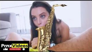 Lana Rhoades giving head: the c*** is censored (with a sax), but not her boobs
