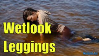 Wetlook girl in tight-fitting leggings get wet