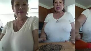 Mari Castro huge tits braless cooking