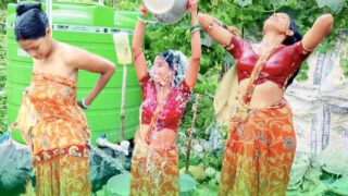 Puja blog bathing in saree with nip on blouse