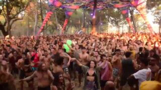 0:23 topless hippie dancing in the left