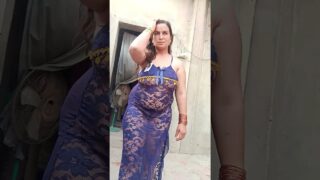 Beautiful Indian mom with blue sheer dress
