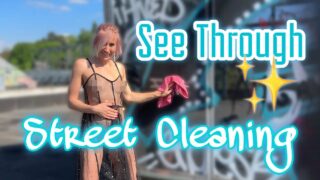 4K See Through Street Cleaning | very Sheer Dress Diana Life 0:00 front, 0:10 back 0:38 front, 0:55 back, 1:10 front