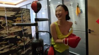 Boxing without bra on, nearly slips